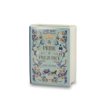 Book cover of 'Pride & Prejudice' by Jane Austen with decorative elements on a light blue background. Ceramic vase in the shape of the book Pride & Prejudice.